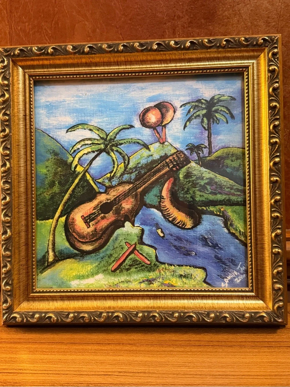 Signed Tropical Landscape Print Ornate Gold Frame Guitar Palm Trees 10”x10”